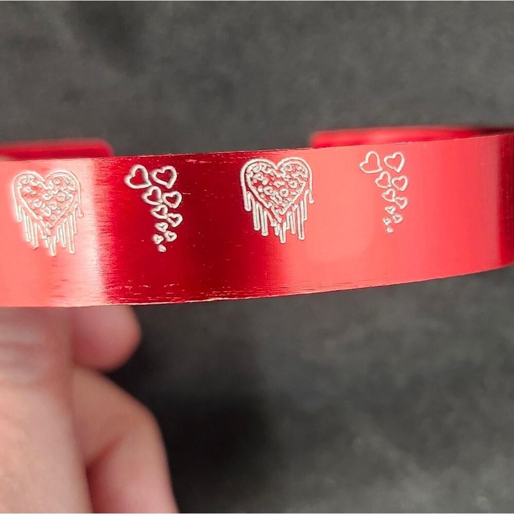 Hand Crafted Engraved Cuff Bracelet Red Hearts Valentines Day